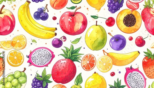 Colorful watercolor fruit pattern with bananas, apples, citrus, and berries