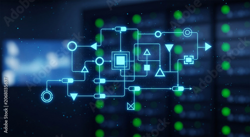 Futuristic digital circuit board overlay on server room background, glowing blue network connection icons, high tech data center infrastructure