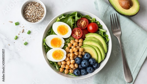 Healthy bowl with avocado eggs chickpeas blueberries and tomatoes