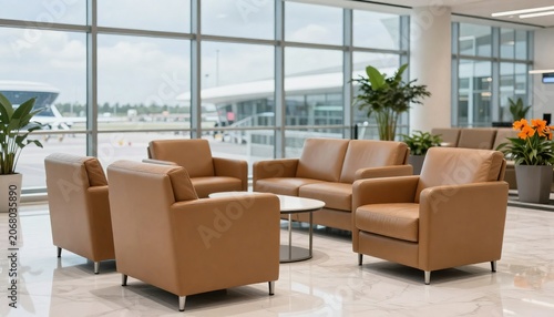 Luxurious Modern Airport Lounge with Leather Seating & Runway Views