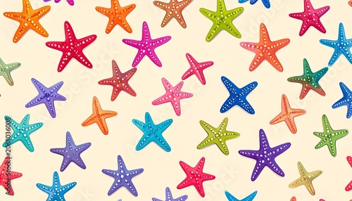 Colorful starfish pattern scattered on beige background with playful symmetry
