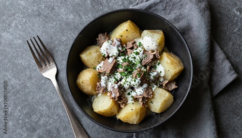 Roasted potatoes with mushrooms and creamy sauce in a black bowl