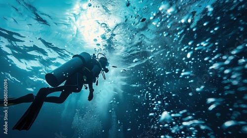 Underwater Exploration: A lone scuba diver explores the deep blue ocean, surrounded by shimmering sunlight filtering through the water and a cascade of rising bubbles.