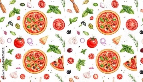 Seamless pizza pattern with ingredients, herbs, and vibrant food illustrations