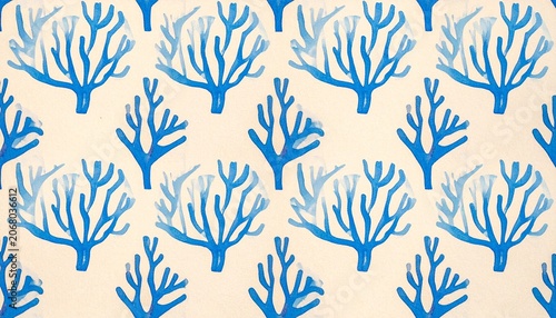 Repeating blue coral pattern on beige background with oceanic theme
