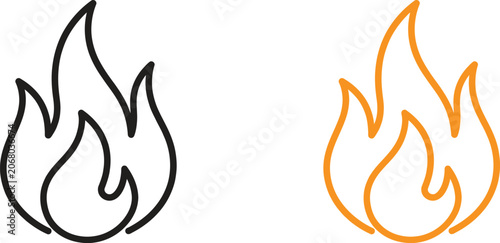 Two simple fire flame outline icons in black and orange colors for web and graphic design