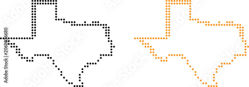 Texas state map outline made of black and orange dotted pixel shapes