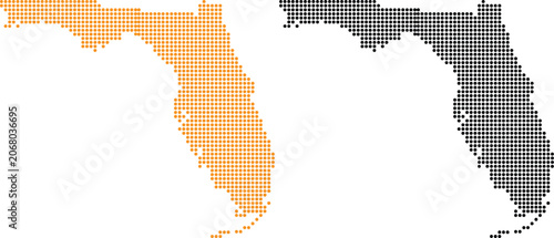 Two stylized maps of florida state made from a dotted pattern in orange and black colors