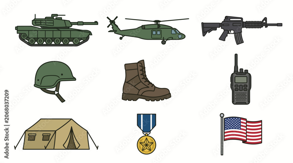 Naklejka premium Military Equipment and Symbols Collection Illustration.