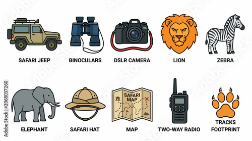 Принти на полотні Colorful Safari Adventure Icons Collection.