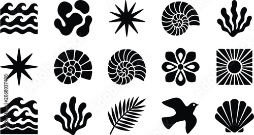Quadro em tela Beach and ocean icon set with waves, shells, coral, sunburst, palm leaf, and seabird silhouettes for summer vacation, coastal decor, marine logo, textile, and printable design
