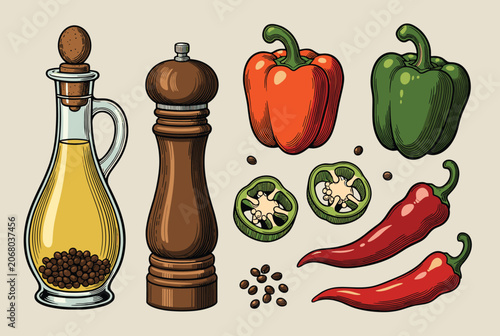 Collection of fresh ingredients for spicy cooking featuring chili peppers, bell peppers, a wooden pepper mill, and olive oil.