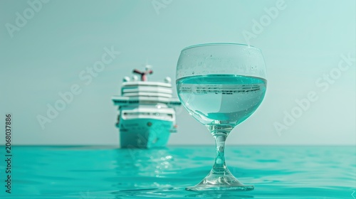 Cruise Ship and Drink: A refreshing glass of clear liquid sits in the foreground, with a large cruise ship sailing on the calm, turquoise ocean in the background.