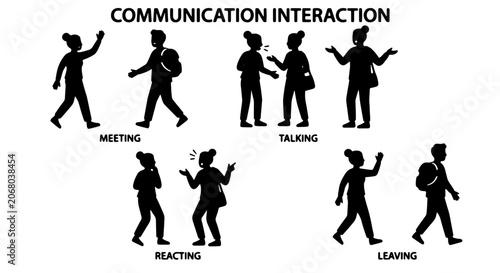 Tableau sur toile Communication interaction silhouette set, people meeting and talking vector icon