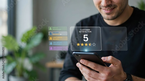 Smiling man using a mobile phone with holographic digital interface and data menu