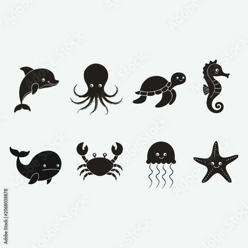 Black Silhouette Marine Life Icons On A White Background