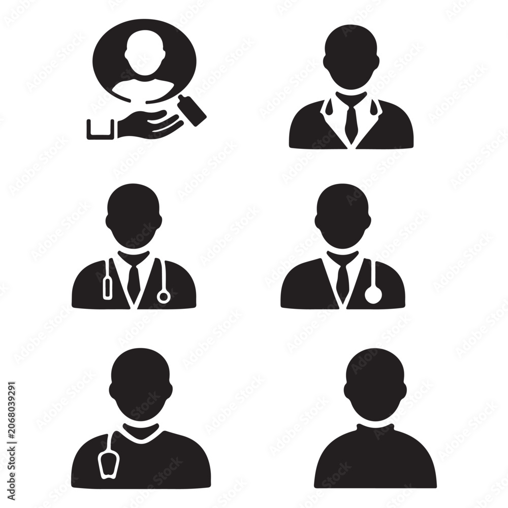 Fototapeta premium Professional Medical Staff and Healthcare Team Black Silhouette Icon Set Collection, Doctor Nurse Patient Care Service Vector Illustration Isolated on White Background, Medical Personnel Avatar Symbol