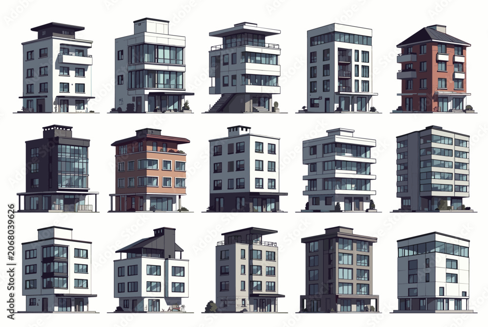 Fototapeta premium Architectural grid displaying fifteen unique modern apartment building designs and contemporary multi-story condominiums.