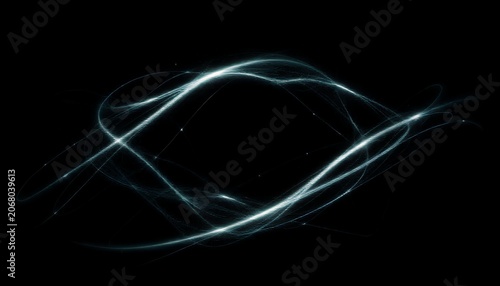 Glowing blue light trails swirl in a circular motion on a dark background with scattered particles creating a futuristic abstract design element