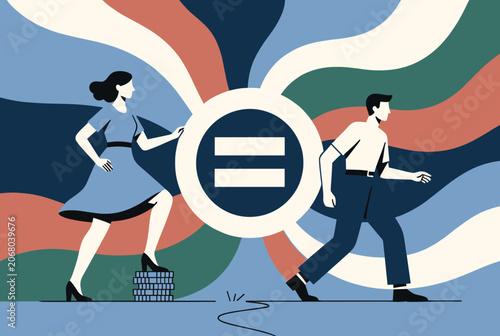 Man and woman walking in front of a giant equals sign with colorful background waves representing gender equality in the workplace.