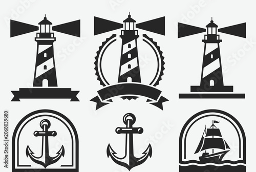 Collection of six black and white nautical logo designs featuring historic lighthouses, anchors, and a sailing ship.