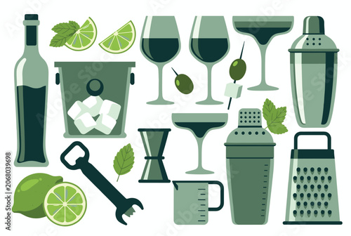 Complete set of professional cocktail preparation tools and fresh ingredients shown in elegant monochromatic green tones.