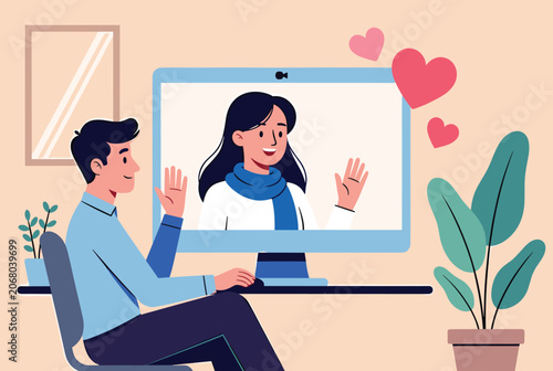 Happy young man waving to his girlfriend during a romantic long-distance video call on a desktop computer.