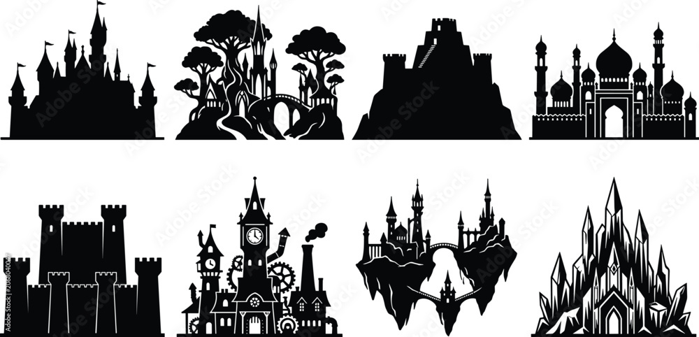 Obraz premium Collection of fantasy castle silhouettes with diverse imaginative architectural styles