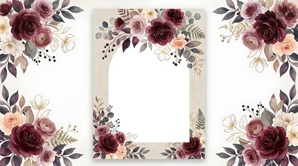 Romantic wedding stationery frame border with watercolor burgundy roses and gold leaf accents on a textured paper background for elegant event card design