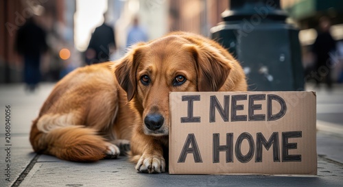 Brown dog lying down holding need a home sign