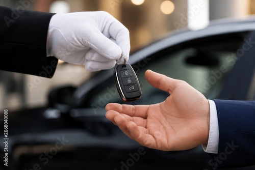 Gloved attendant handing car key to client by parked car
