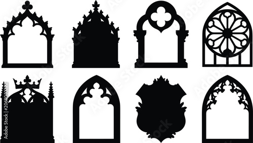 Tableau sur toile Collection of Gothic architectural frame silhouettes with ornate tracery and cat