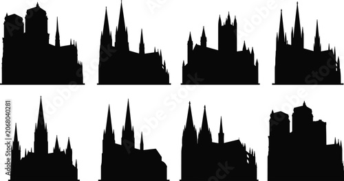 Tableau sur toile Collection of Gothic cathedral silhouettes with spires, towers, and ornate roofl