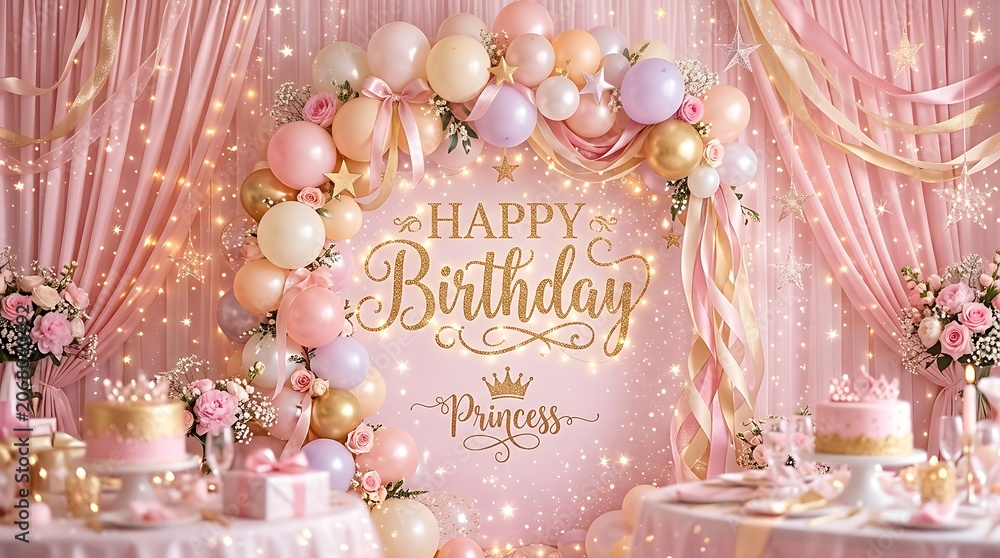 Fototapeta premium Pink and gold birthday party decoration backdrop with balloons and elegant curtain for princess themed celebration photography and event styling