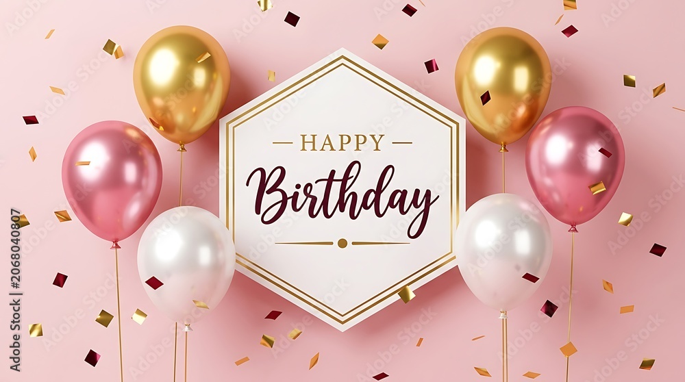 Fototapeta premium Festive happy birthday card design with shiny gold and pink balloons on a soft pink background with falling confetti for cheerful celebration greeting cards