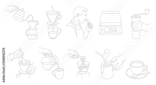 Tableau sur toile Minimalist coffee brewing line art icons, set of 10 barista process illustration