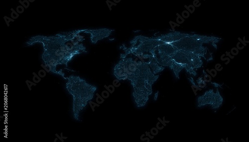 A stunning visual representation of the world at night with city lights shining brightly on a blue map