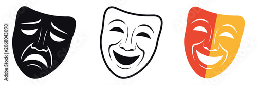Vászonkép Masquerade vector icon, comic and tragic theater masks on white background, dramatic performance symbol for entertainment design