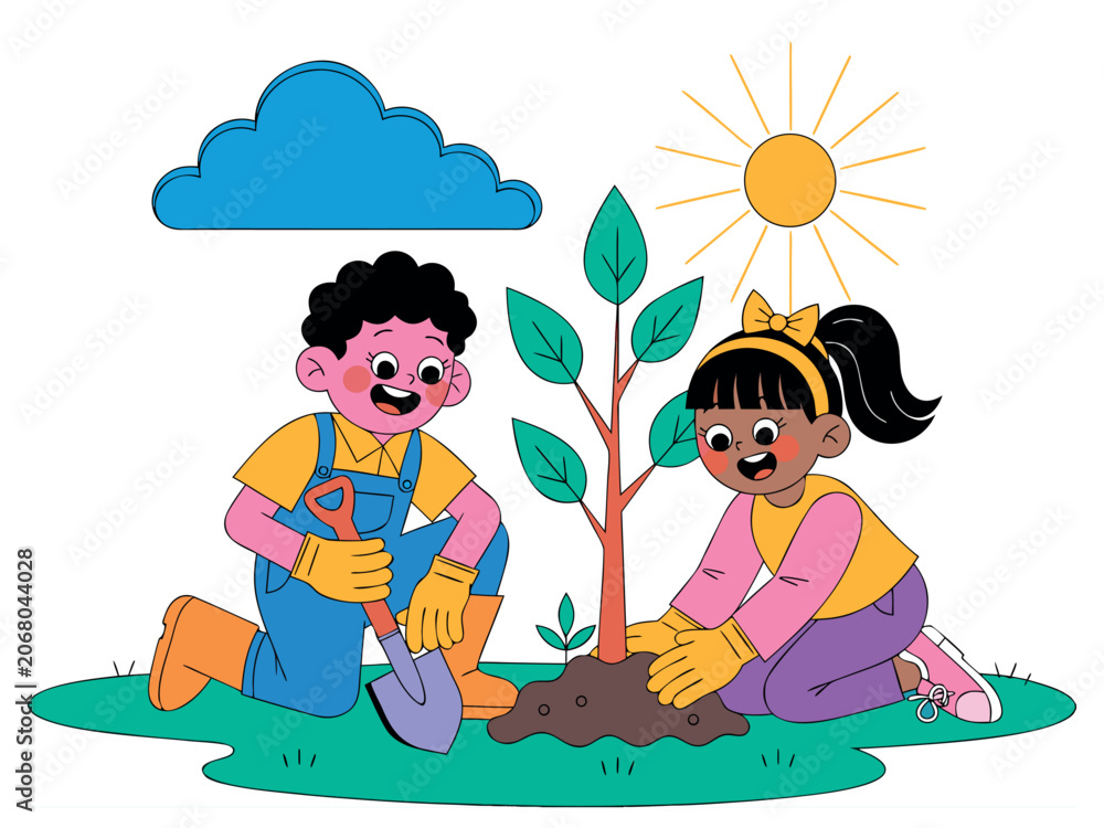 Naklejka premium Happy Boy and Girl Planting a Young Tree Together with Garden Tools, Environmental Education, Teamwork and Earth Day Activity Illustration