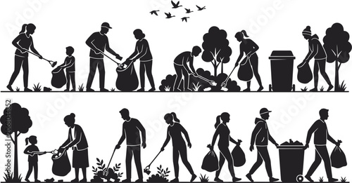 Community park clean up and litter collection silhouette illustrations