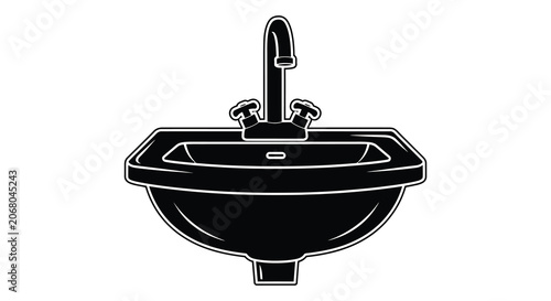 Bathroom Sink With Faucet And Handles Black And White Silhouette
