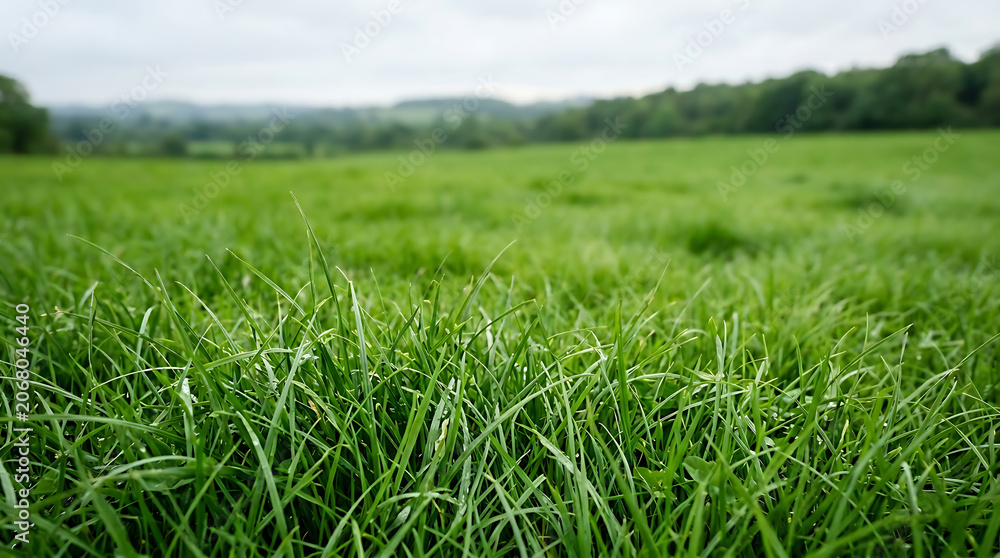 Fototapeta premium Lush Green Grass Field in Rural Countryside Landscape Under Cloudy Overcast Sky