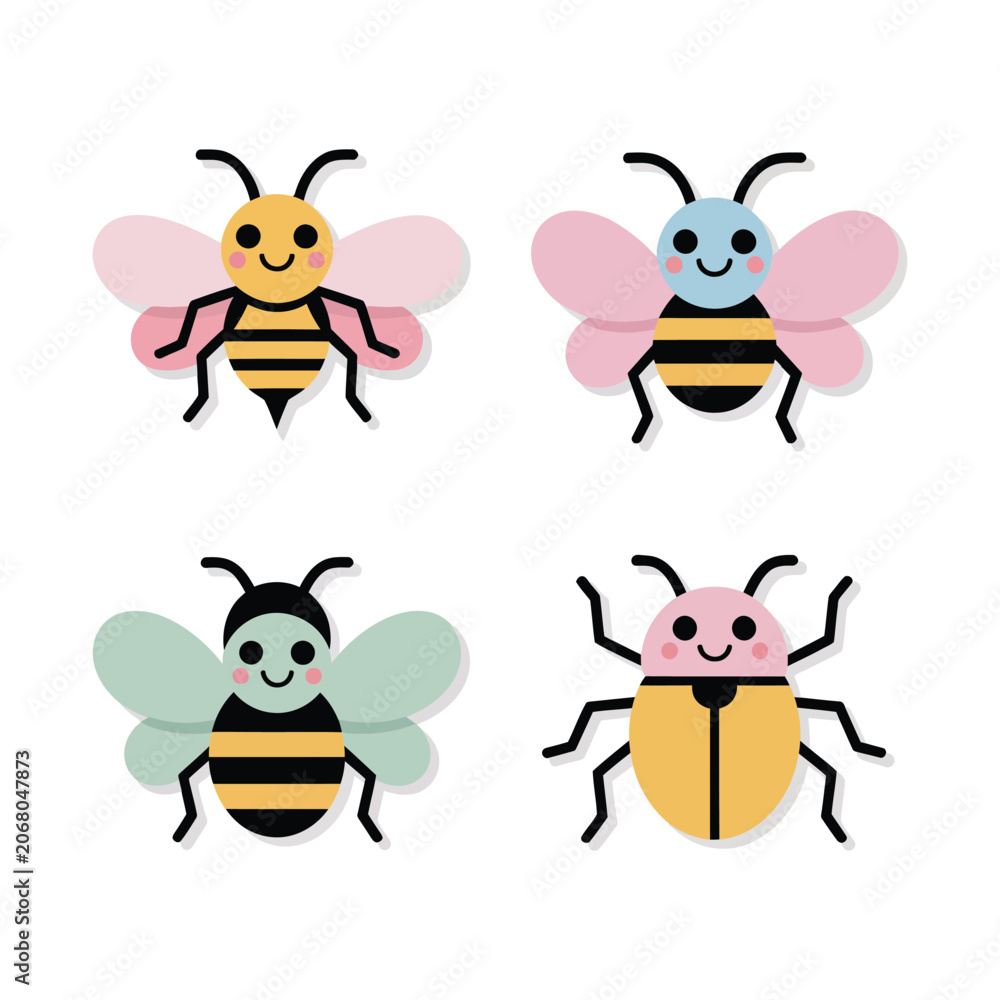 Obraz premium Happy Bees And Ladybug, Bright Striped Wings And Hearts, Colorful Flat Vector Icons, Spring Garden Insect Sticker Pack Clipart Collection
