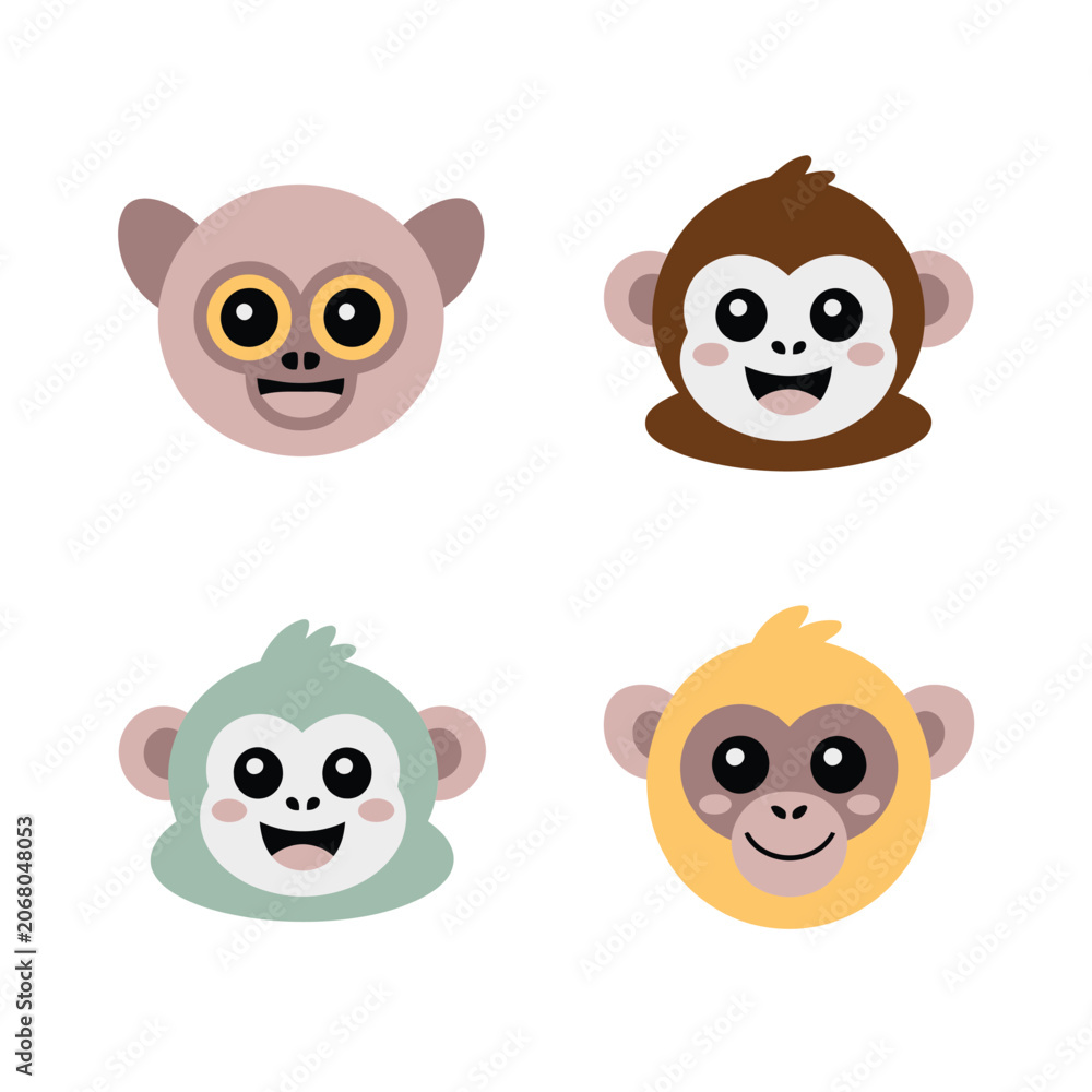 Fototapeta premium Monkey Faces Collection, Cute Primate Heads With Different Expressions, Colorful Flat Style, Sticker Pack, Icon Set, Clipart Collection, Vector Icons