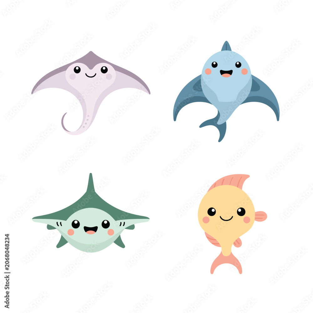 Fototapeta premium Marine Life Collection, Manta Ray Dolphin Stingray And Sunfish Characters, Cute, Sticker Pack Icon Set, Flat Vector Icons, Clipart Collection