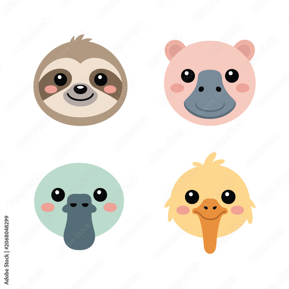 Fototapeta premium Jungle Animal Faces, Sloth Hippo Platypus Tropical Bird, Cute Kawaii Style, Flat Vector Icons, Kids Illustration Clipart Collection Sticker Pack