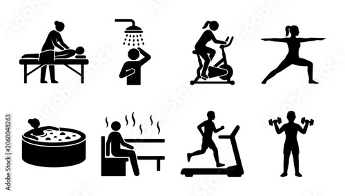 Fotografia Fitness and Wellness Icons Set: Massage, Shower, Exercise Bike, Yoga, Hot Tub, S