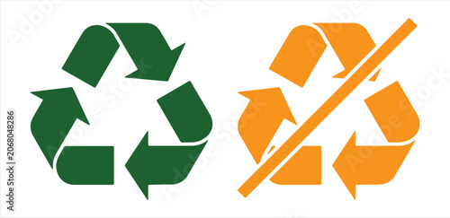 A vibrant green vector illustration depicting a standard recycle symbol alongside a bold orange non-recyclable sign featuring a diagonal line across the classic triangular arrow loop.