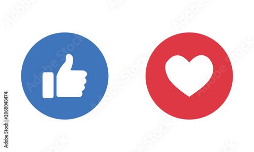 Social media reaction icons, facebook like thumb up and love heart emoji symbols