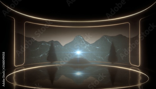 A futuristic room with a large curved screen showing a mountain range and a bright light shining in the distance with glowing neon lines